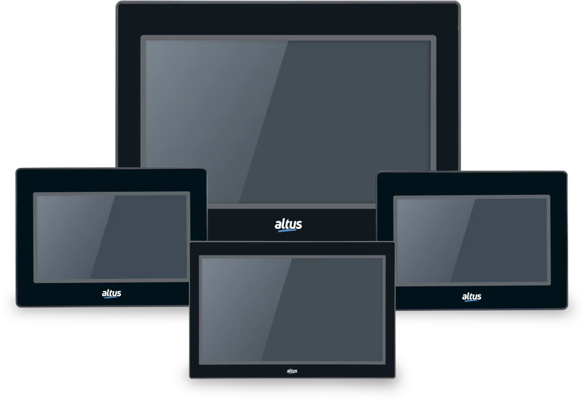 Família de IHMs touchscreen Altus Série Axon, com telas de 7 a 15,6 polegadas