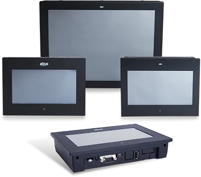 IHMs touchscreen Altus Série P2 em três tamanhos de tela e unidade com conectores traseiros