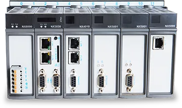 Bastidor do CLP modular Altus Nexto NX com CPU NX3030 e módulos de comunicação